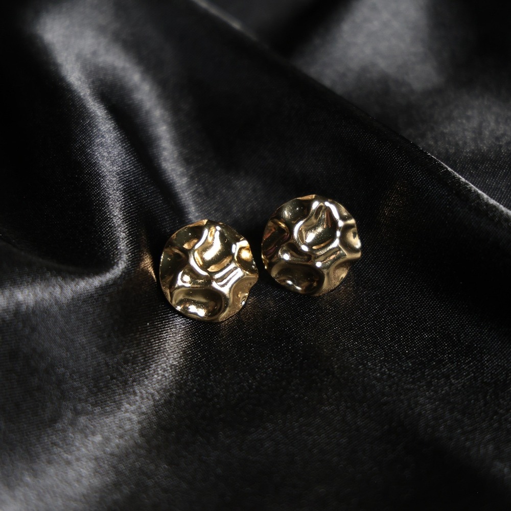 Gold Hammered Molten Stud Earrings Stainless Steel Organic Round JW033